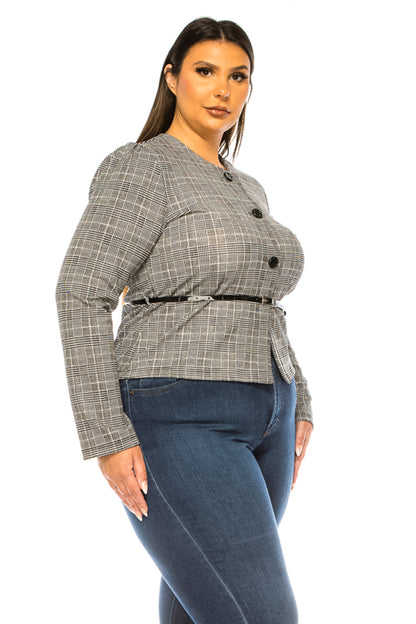 Women's Plus Size Collarless Button Down Jacket with Belt Accent