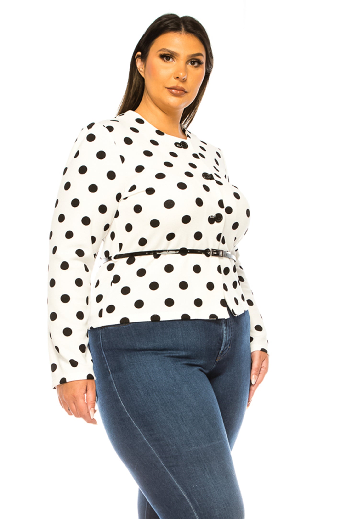 Women's Plus Size Collarless Button Down Jacket with Belt Accent