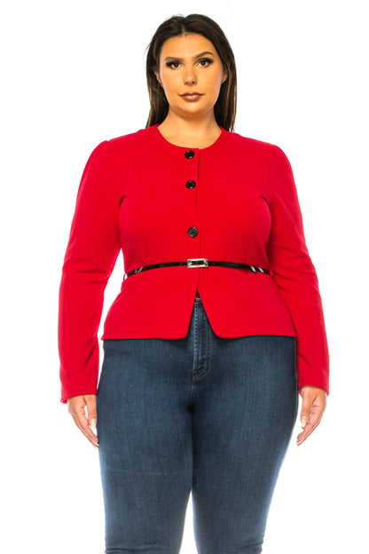 Women's Plus Size Collarless Button Down Jacket with Belt Accent