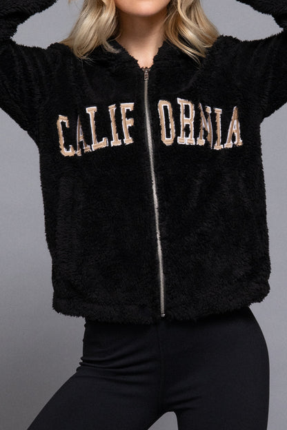 Women's California Embroidery Hooded Faux Fur Jacket - Cozy and Stylish