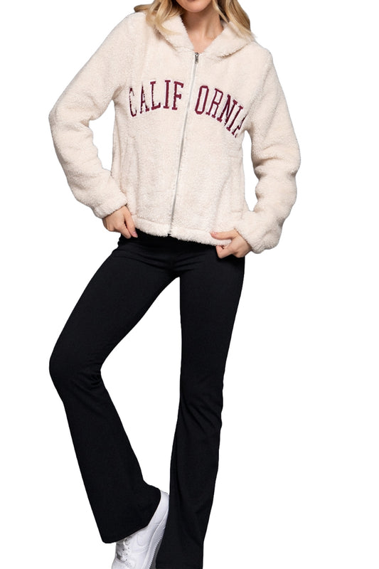 Women's California Embroidery Hooded Faux Fur Jacket - Cozy and Stylish