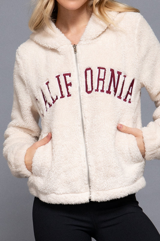 Women's California Embroidery Hooded Faux Fur Jacket - Cozy and Stylish