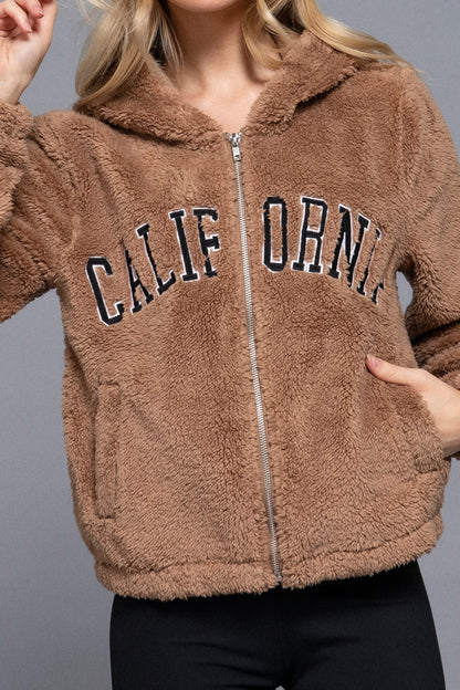 Women's California Embroidery Hooded Faux Fur Jacket - Cozy and Stylish