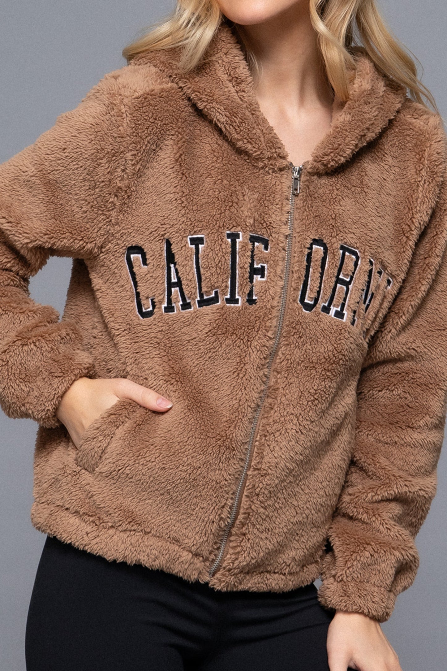 Women's California Embroidery Hooded Faux Fur Jacket - Cozy and Stylish