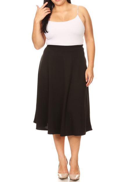 Women's Plus Size A-Line Flared Midi Skirt - Casual Solid with Elastic Band