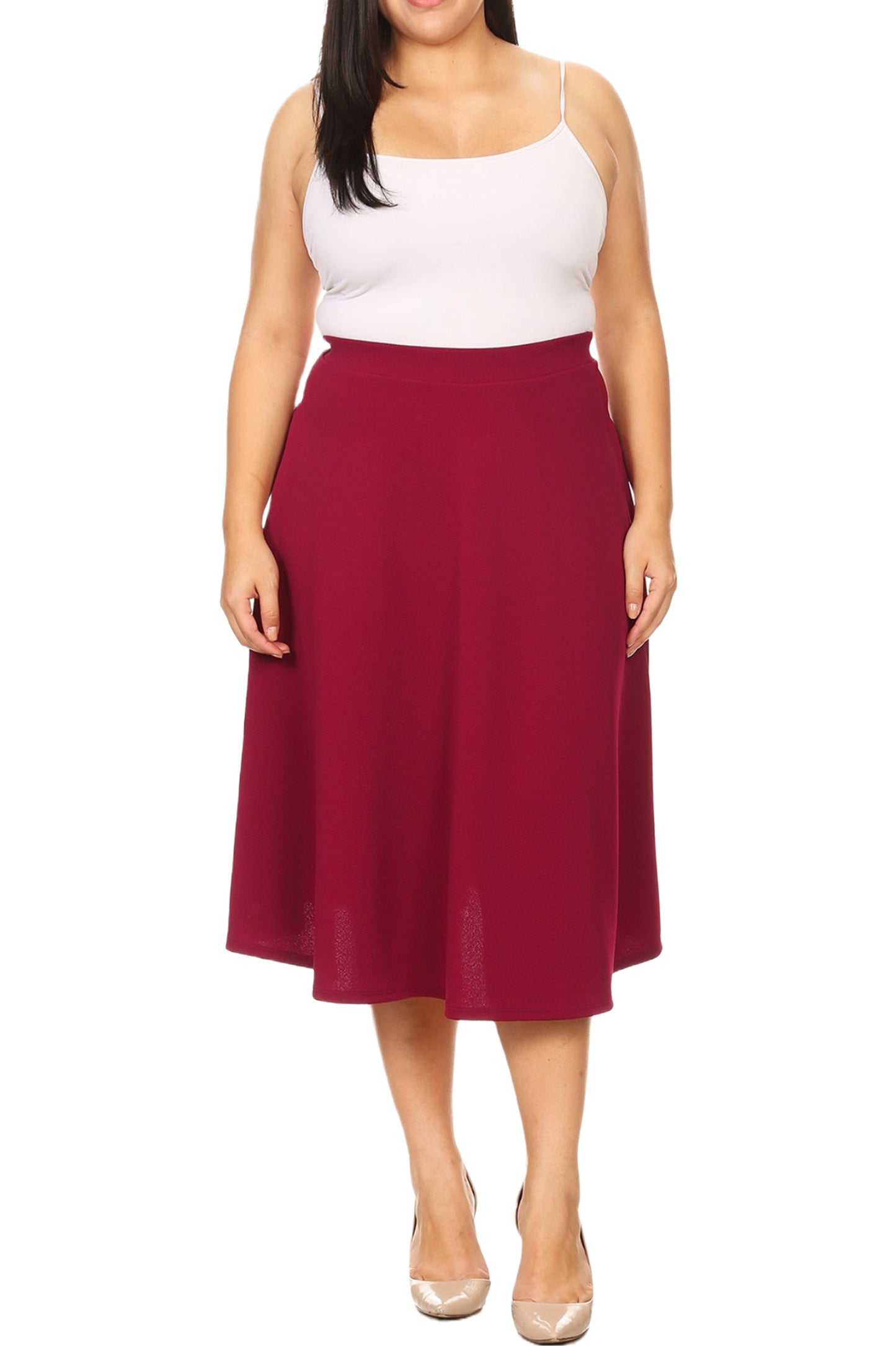 Women's Plus Size A-Line Flared Midi Skirt - Casual Solid with Elastic Band