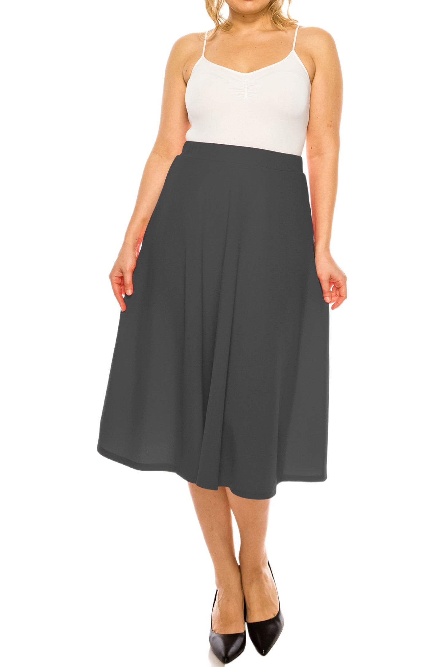 Women's Plus Size A-Line Flared Midi Skirt - Casual Solid with Elastic Band