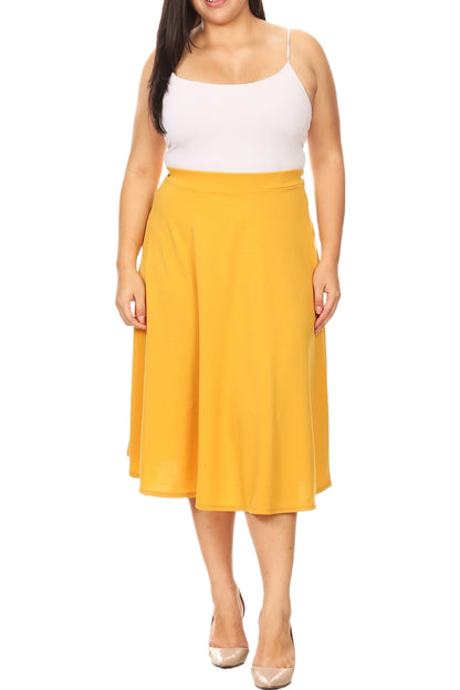 Women's Plus Size A-Line Flared Midi Skirt - Casual Solid with Elastic Band