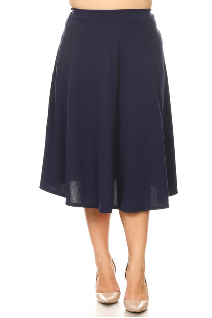 Women's Plus Size A-Line Flared Midi Skirt - Casual Solid with Elastic Band