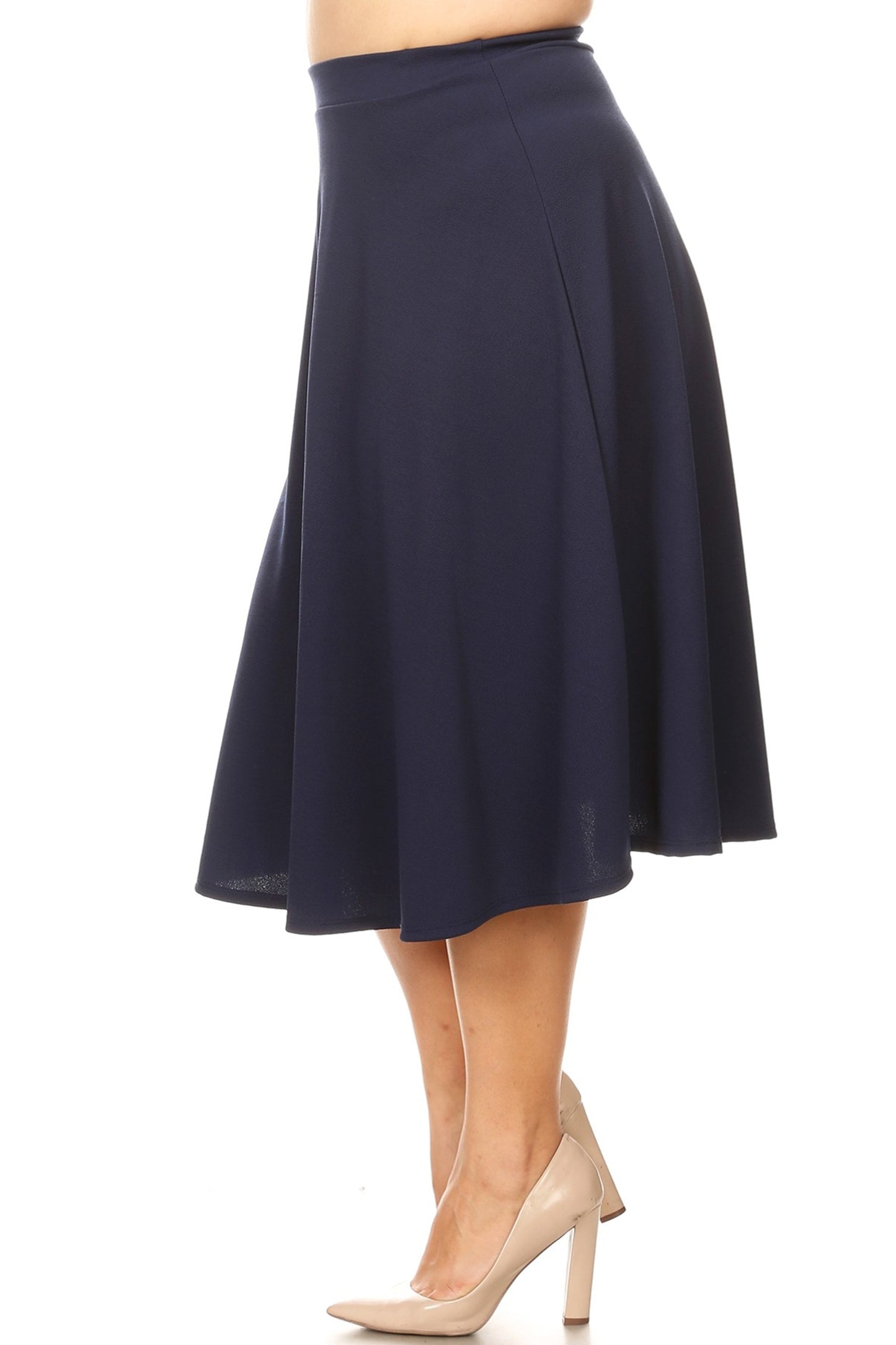 Women's Plus Size A-Line Flared Midi Skirt - Casual Solid with Elastic Band