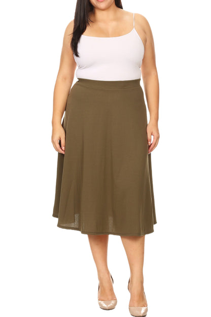 Women's Plus Size A-Line Flared Midi Skirt - Casual Solid with Elastic Band