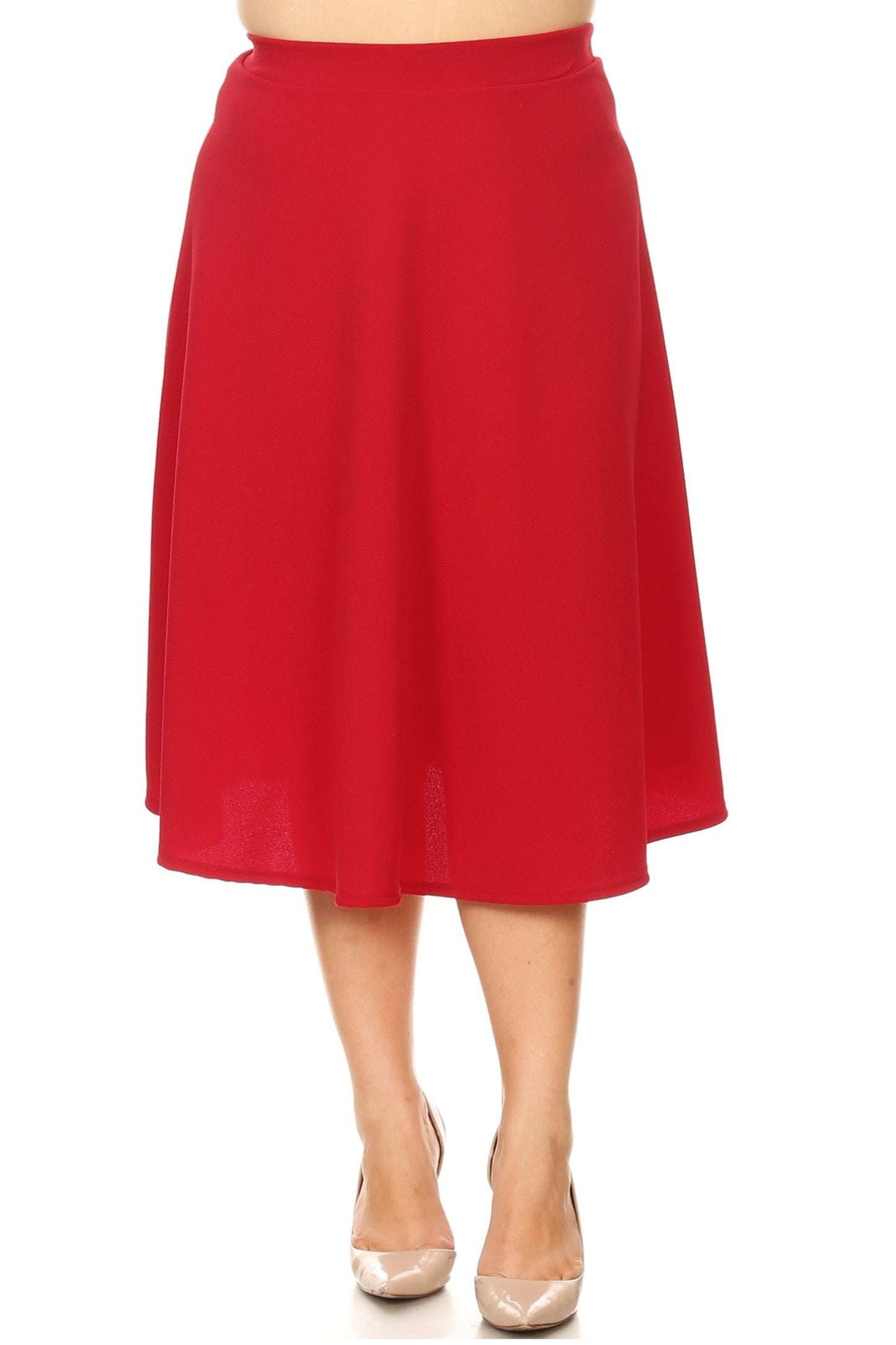 Women's Plus Size A-Line Flared Midi Skirt - Casual Solid with Elastic Band