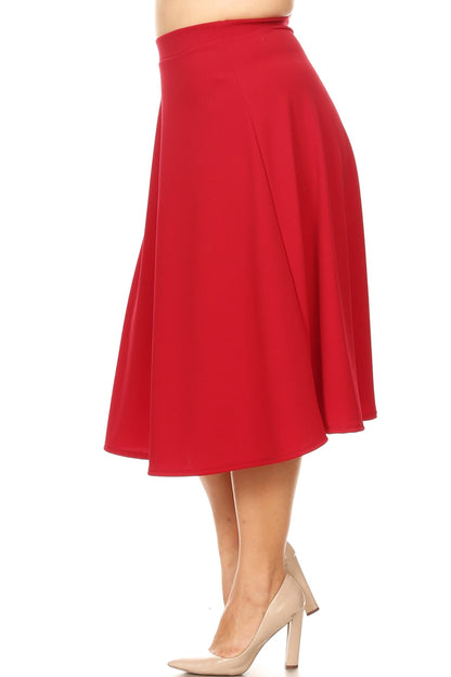 Women's Plus Size A-Line Flared Midi Skirt - Casual Solid with Elastic Band