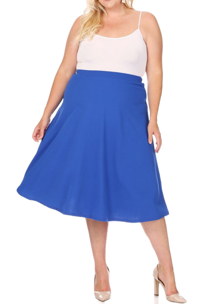 Women's Plus Size A-Line Flared Midi Skirt - Casual Solid with Elastic Band