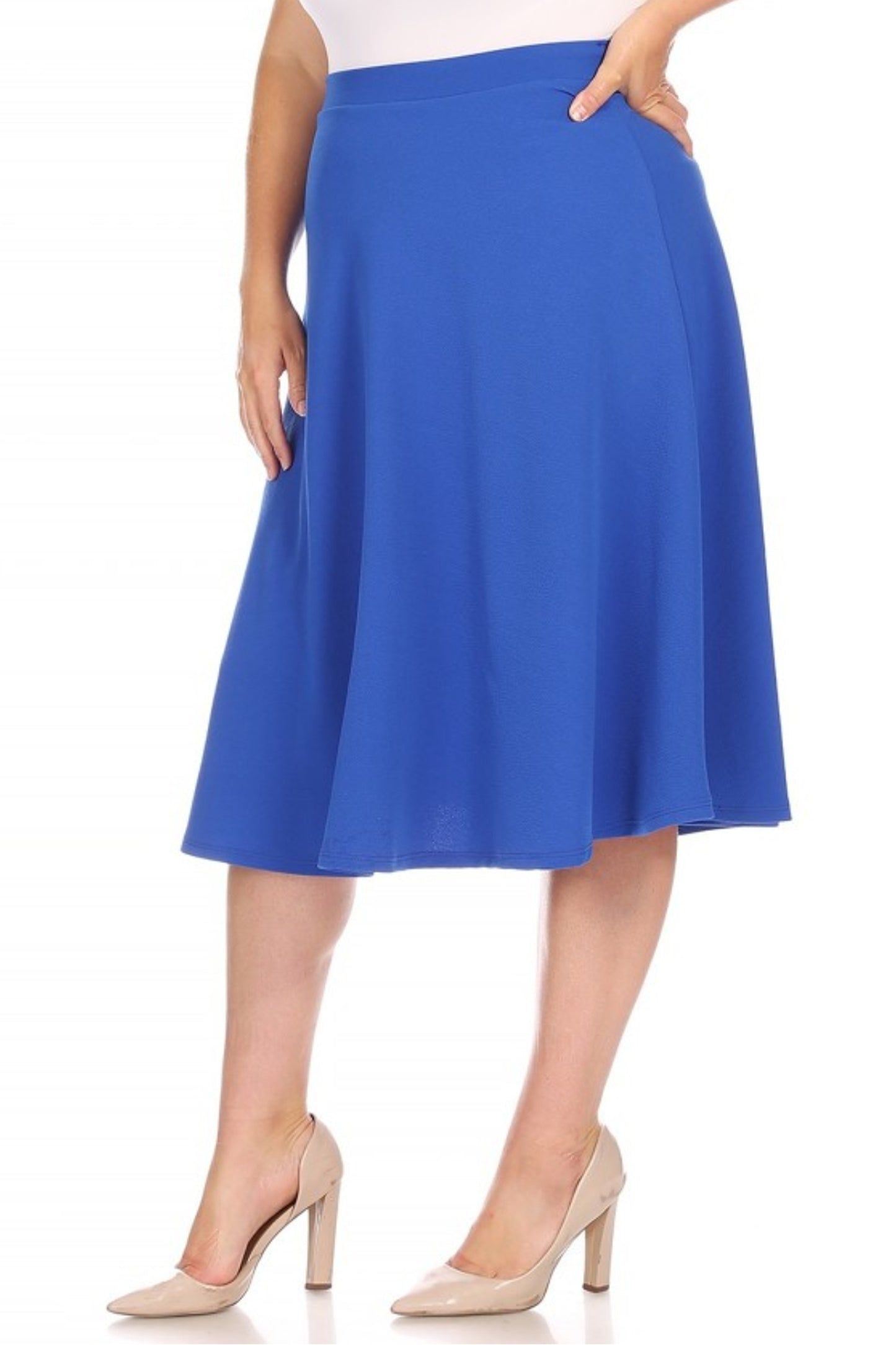 Women's Plus Size A-Line Flared Midi Skirt - Casual Solid with Elastic Band