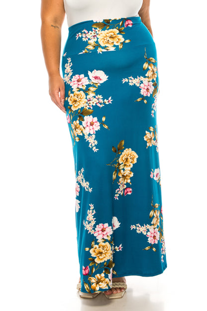 Women's Plus Size Printed High Waisted A-Line Maxi Skirt with Foldable Waistband - Relax