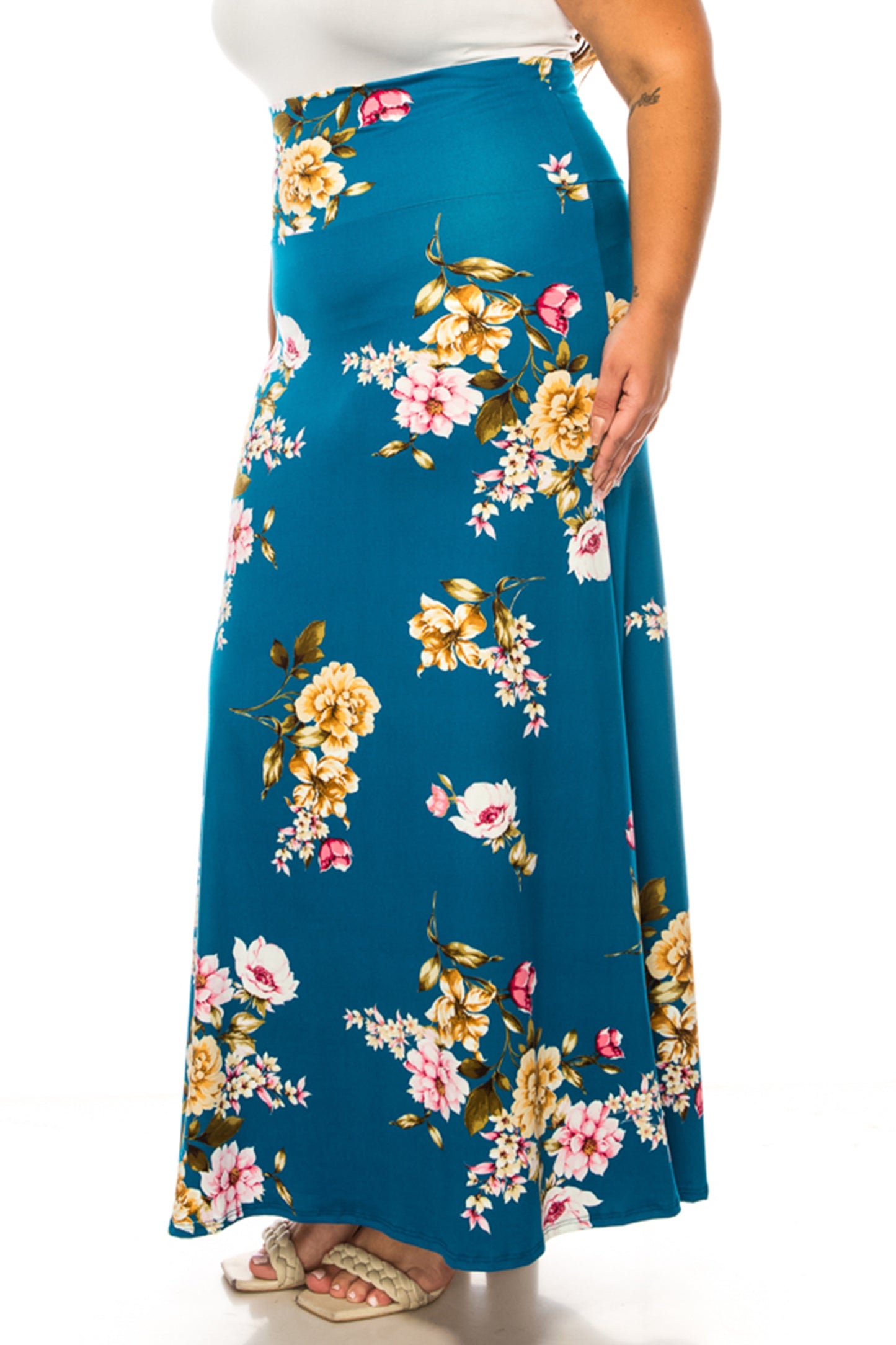 Women's Plus Size Printed High Waisted A-Line Maxi Skirt with Foldable Waistband - Relax