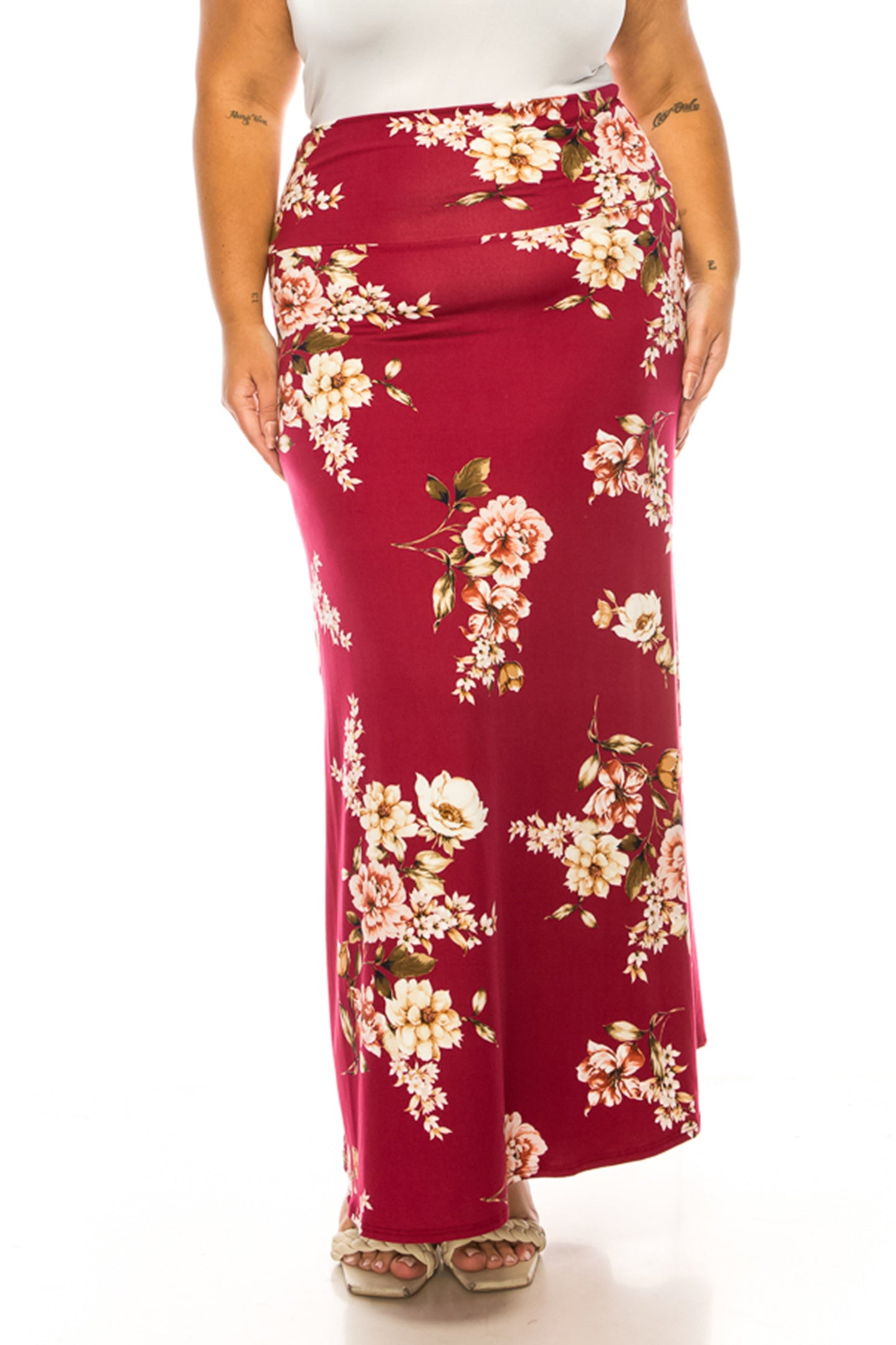 Women's Plus Size Printed High Waisted A-Line Maxi Skirt with Foldable Waistband - Relax