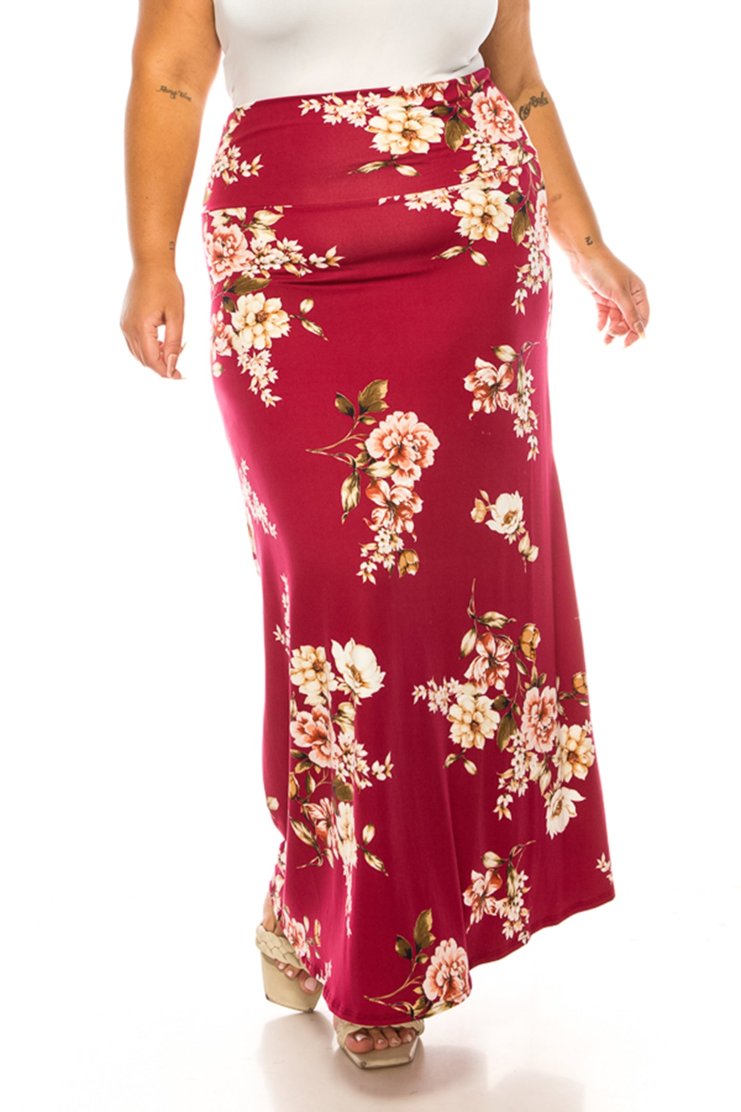 Women's Plus Size Printed High Waisted A-Line Maxi Skirt with Foldable Waistband - Relax