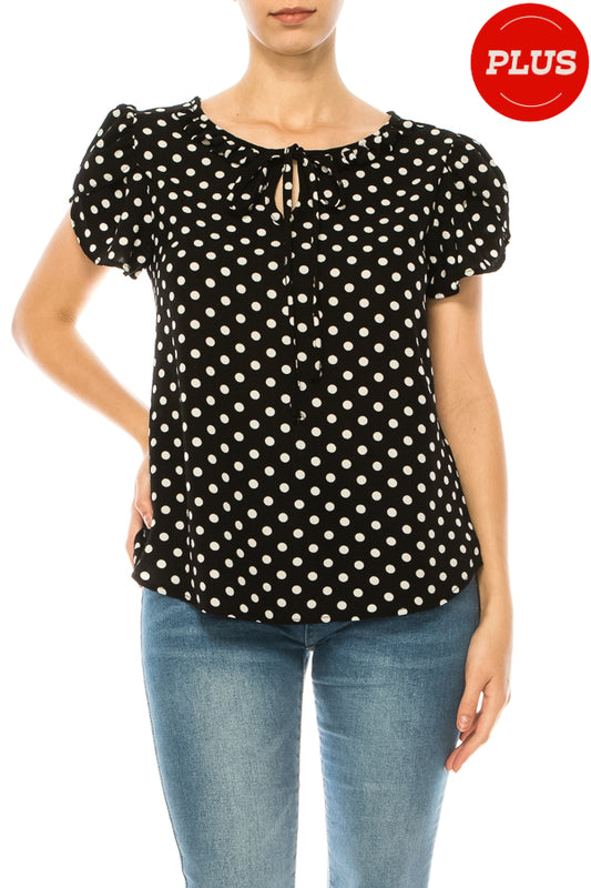 Plus size Solid Overlapping Short Sleeve Top with Front Keyhole and Ruffle Accent