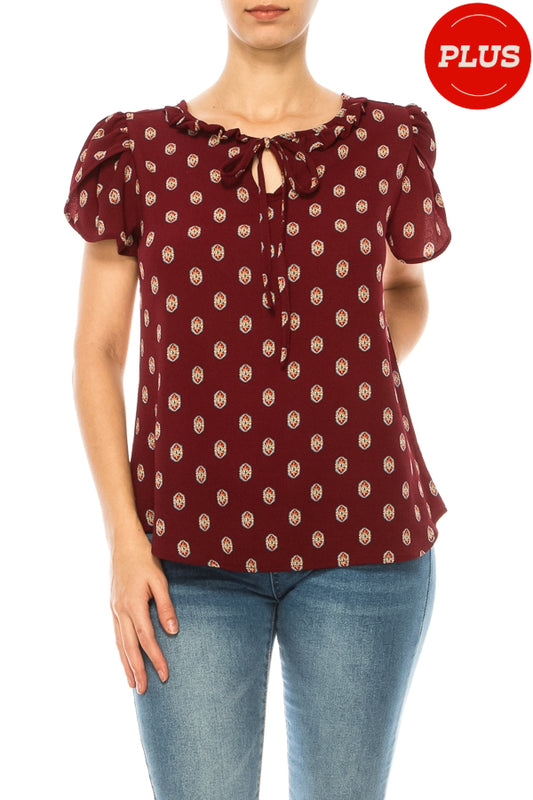 Plus size Solid Overlapping Short Sleeve Top with Front Keyhole and Ruffle Accent