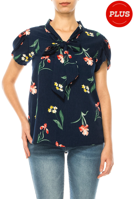 Plus size Floral Print Overlapping Short Sleeve Top with Front Tie Collar