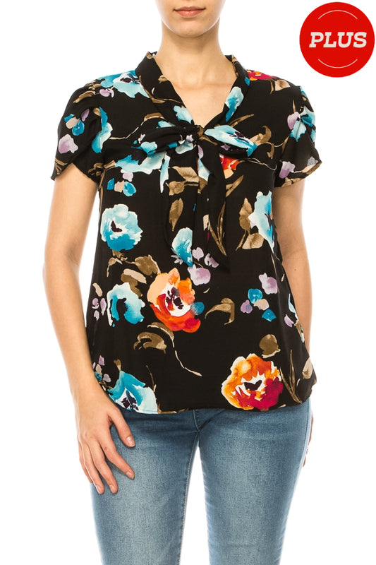 Plus size Floral Print Overlapping Short Sleeve Top with Front Tie Collar