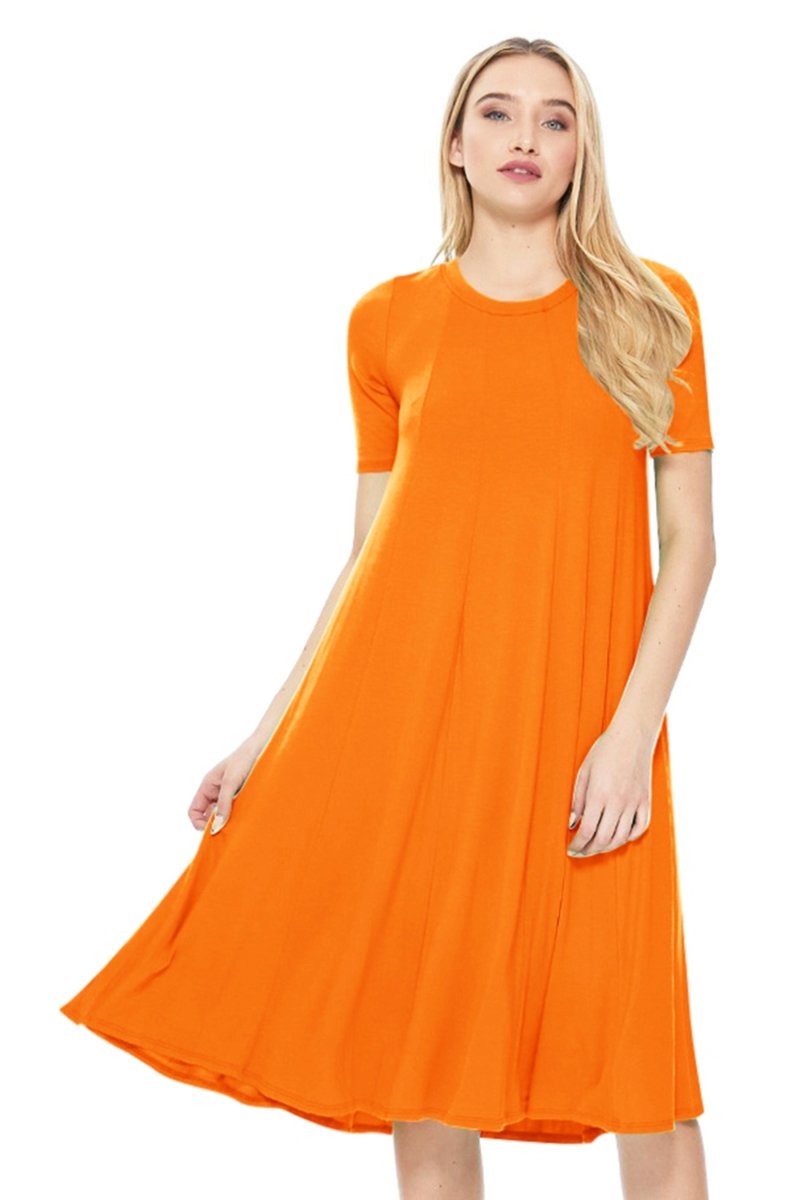 Wholesale Women's A-Line Jersey Knit Dress - Short Sleeve Orange / S-M-L(2-2-2)6PCS