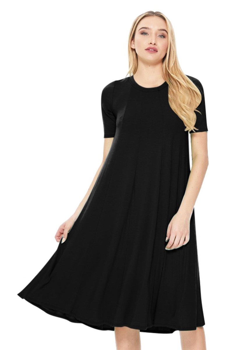 Wholesale Women's A-Line Jersey Knit Dress - Short Sleeve Black / S-M-L(2-2-2)6PCS