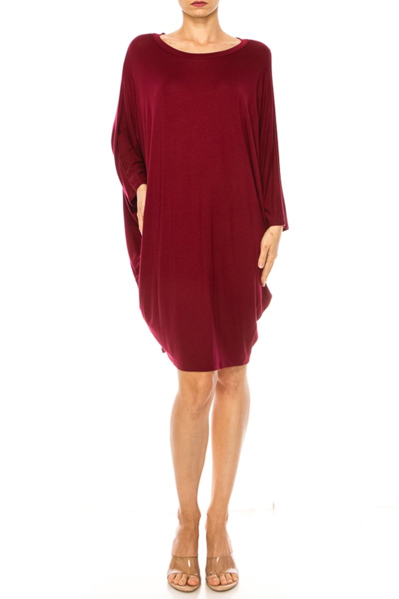 loose fitting cocktail dresses with sleeves Wholesale Women's Casual Loose Fit Dolman Style Midi Dress Burgundy / S-M-L(2-2-2)6PCS