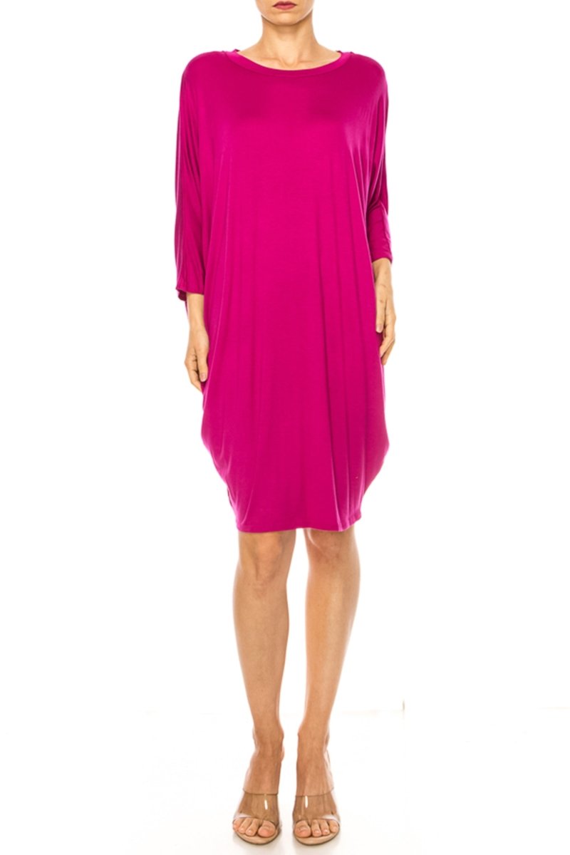 Wholesale Women's Casual Loose Fit Dolman Style Midi Dress Magenta / S-M-L(2-2-2)6PCS