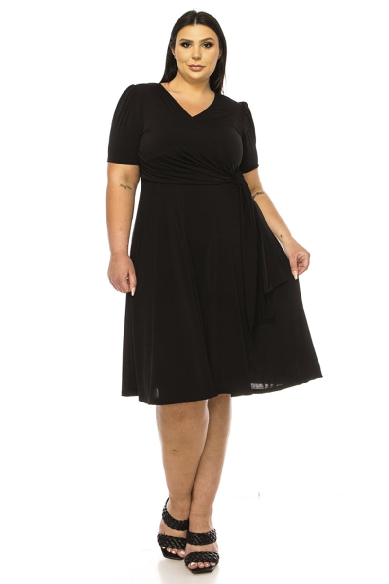 ladies plus size wrap dresses Plus Size Solid Faux Wrap Dress with Deep V-Neck Black / 1XL-2XL-3XL(2-2-2)6PCS