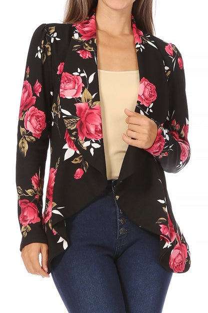 Women's Classic Floral Draped Open Front Lightweight Long Sleeve Blazer Jacket