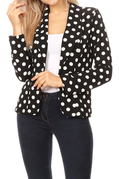 Women's Classic Polka Dot Open Front Lightweight Long Sleeve Work Office Blazer Jacket