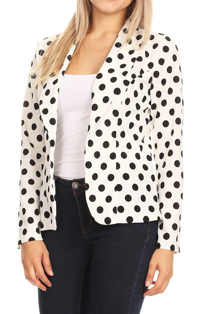 Women's Classic Polka Dot Open Front Lightweight Long Sleeve Work Office Blazer Jacket