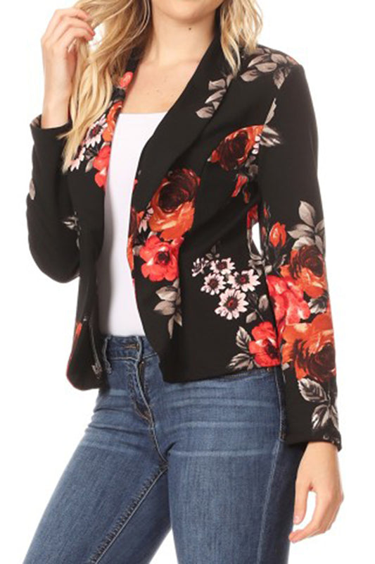 Women's Casual Floral Print Fitted Open Front Long Sleeves Office Blazer Jacket