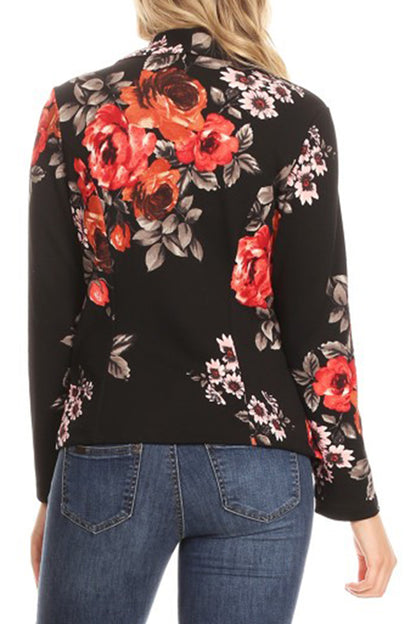 Women's Casual Floral Print Fitted Open Front Long Sleeves Office Blazer Jacket