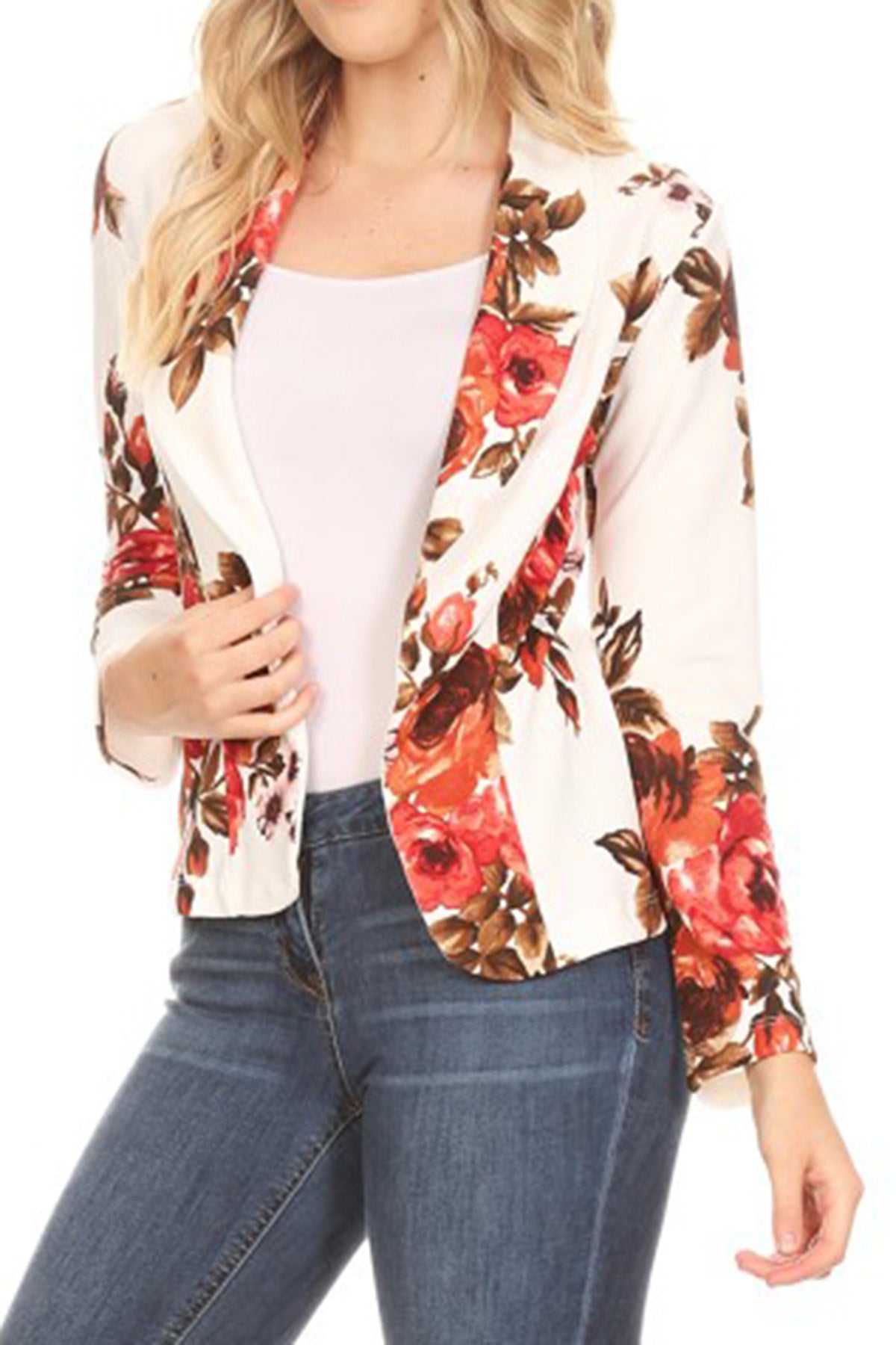 Women's Casual Floral Print Fitted Open Front Long Sleeves Office Blazer Jacket