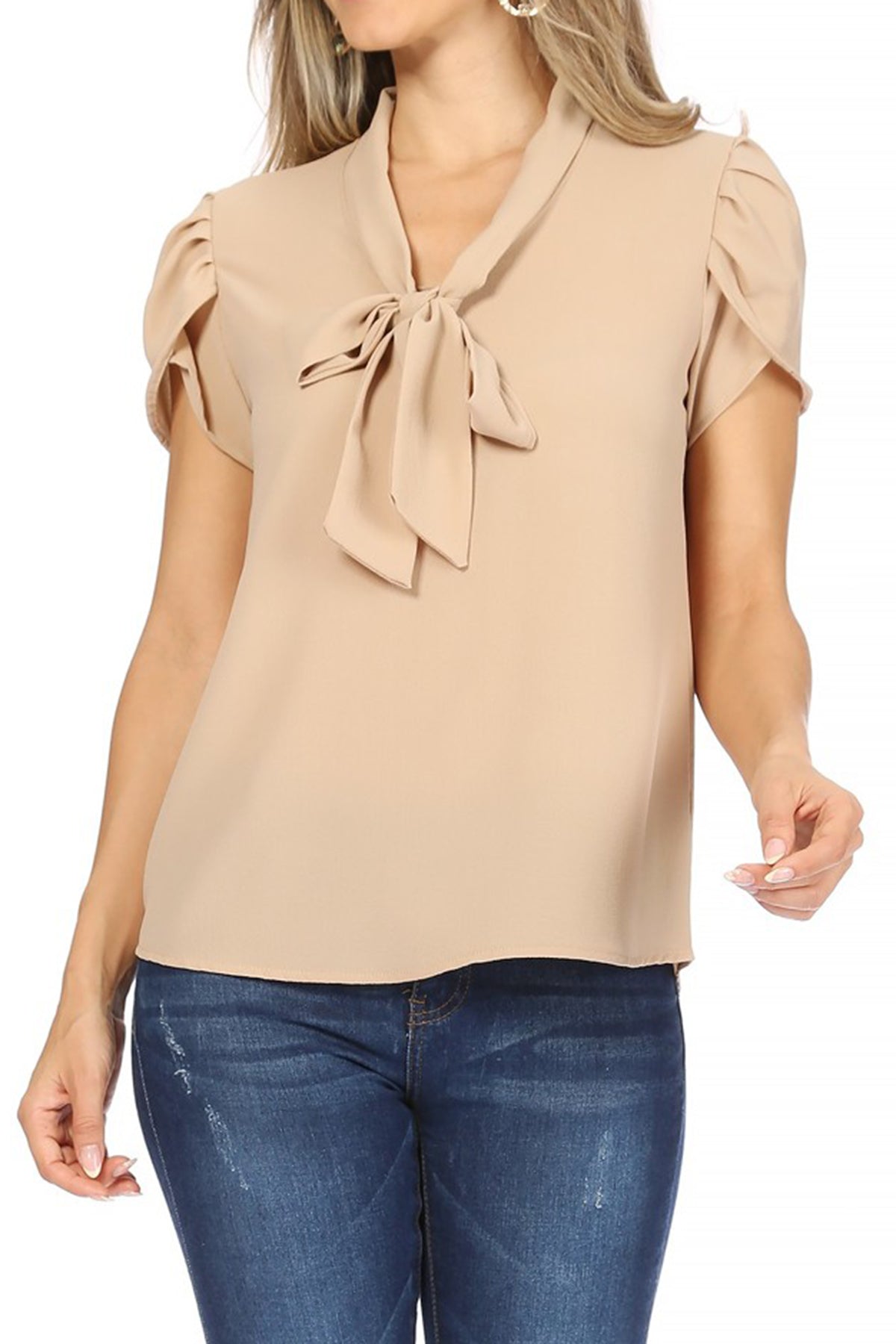 Women's Casual Solid Petal Sleeve Bow Tie Neck Short Sleeve Blouse Shirt Top