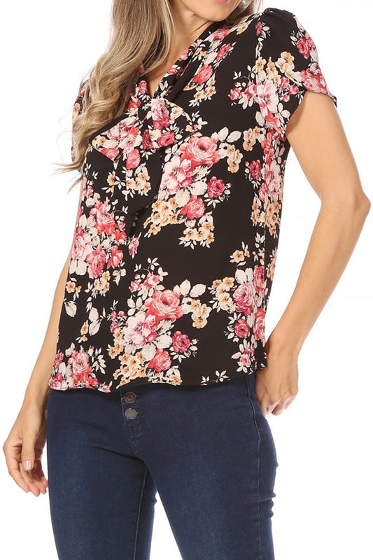 Women's Casual Floral Petal Sleeve Bow Tie Neck Short Sleeve Blouse Shirt Top