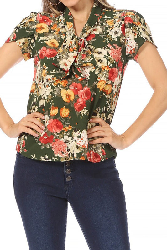 Women's Casual Floral Petal Sleeve Bow Tie Neck Short Sleeve Blouse Shirt Top