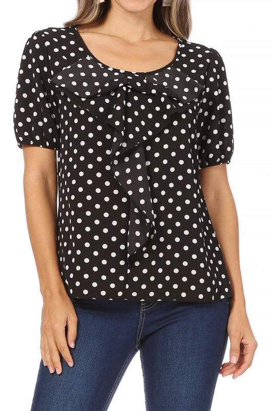 Women's Polka Dot U-Neck Top with Ruffle Trim Bishop Sleeves Blouse