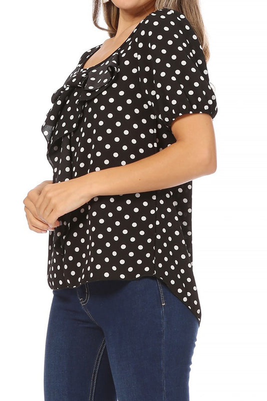 Women's Polka Dot U-Neck Top with Ruffle Trim Bishop Sleeves Blouse