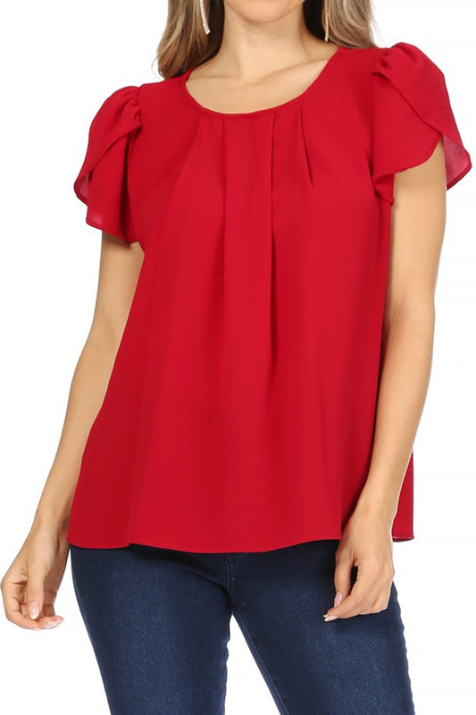 Women's Casual Solid Pleated Front Petal Cap Sleeve Round Neck Blouse