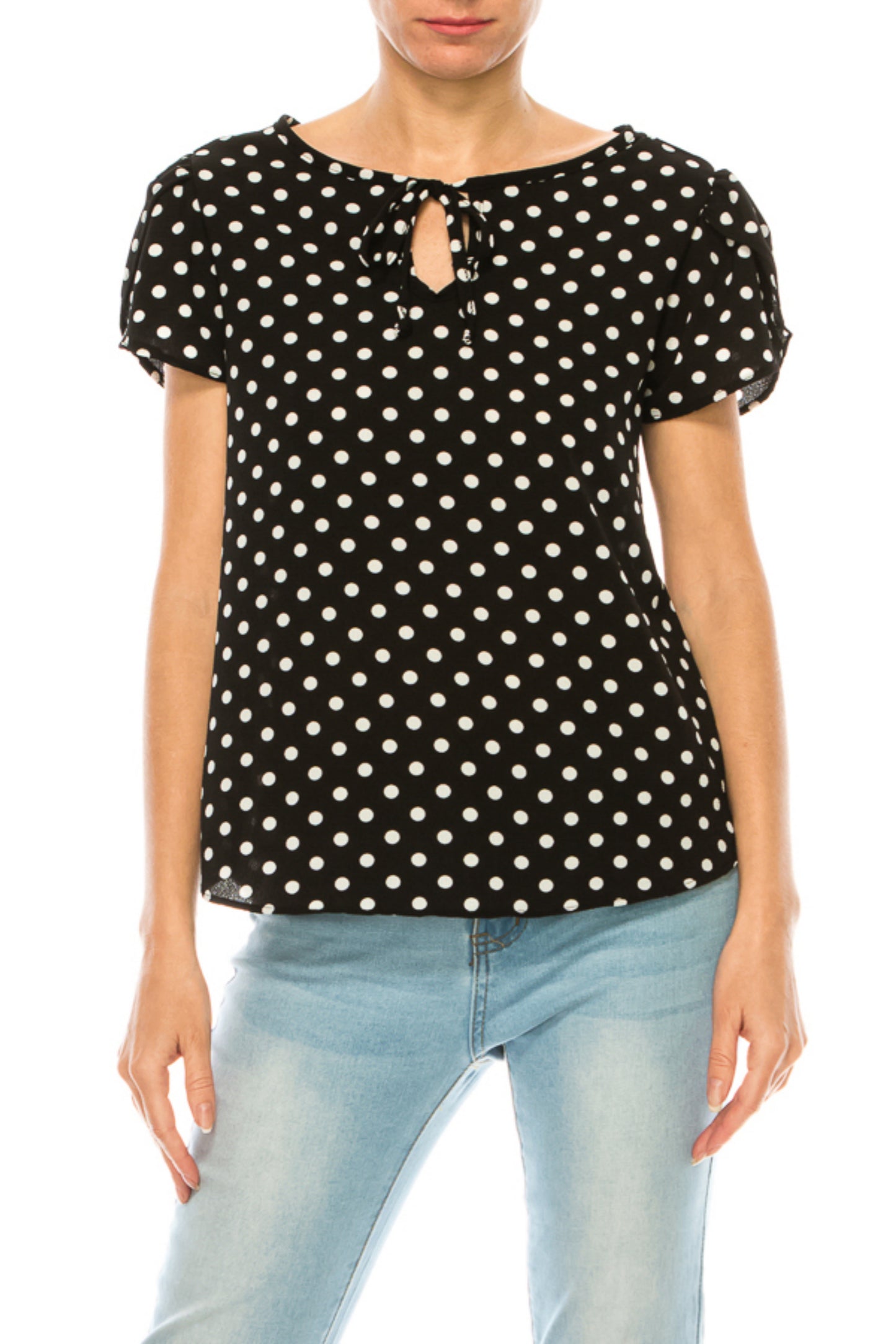 Women's Polka Dot Overlapping Short Sleeve Ribbon Accent Top