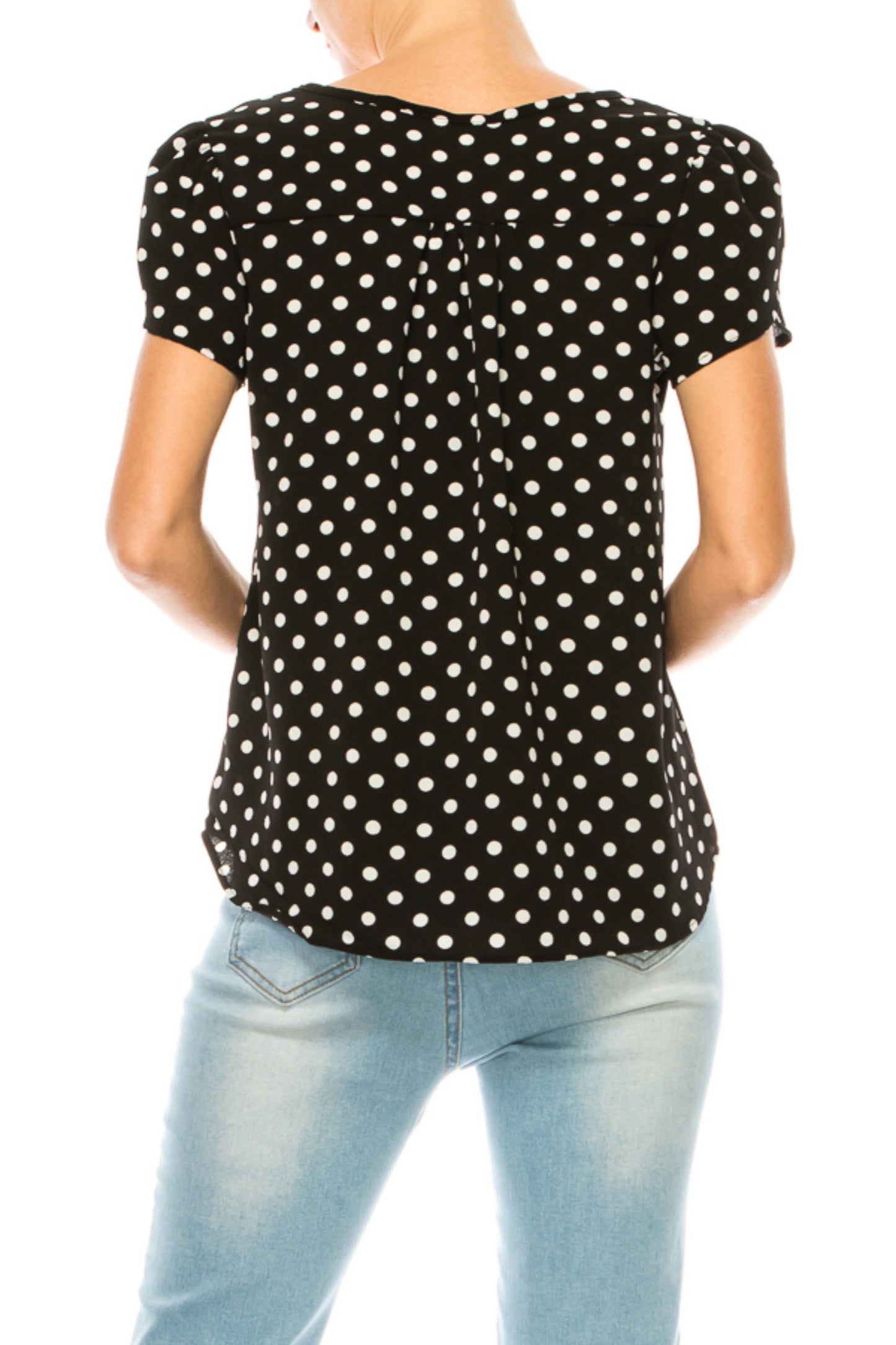 Women's Polka Dot Overlapping Short Sleeve Ribbon Accent Top