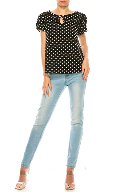 Women's Polka Dot Overlapping Short Sleeve Ribbon Accent Top