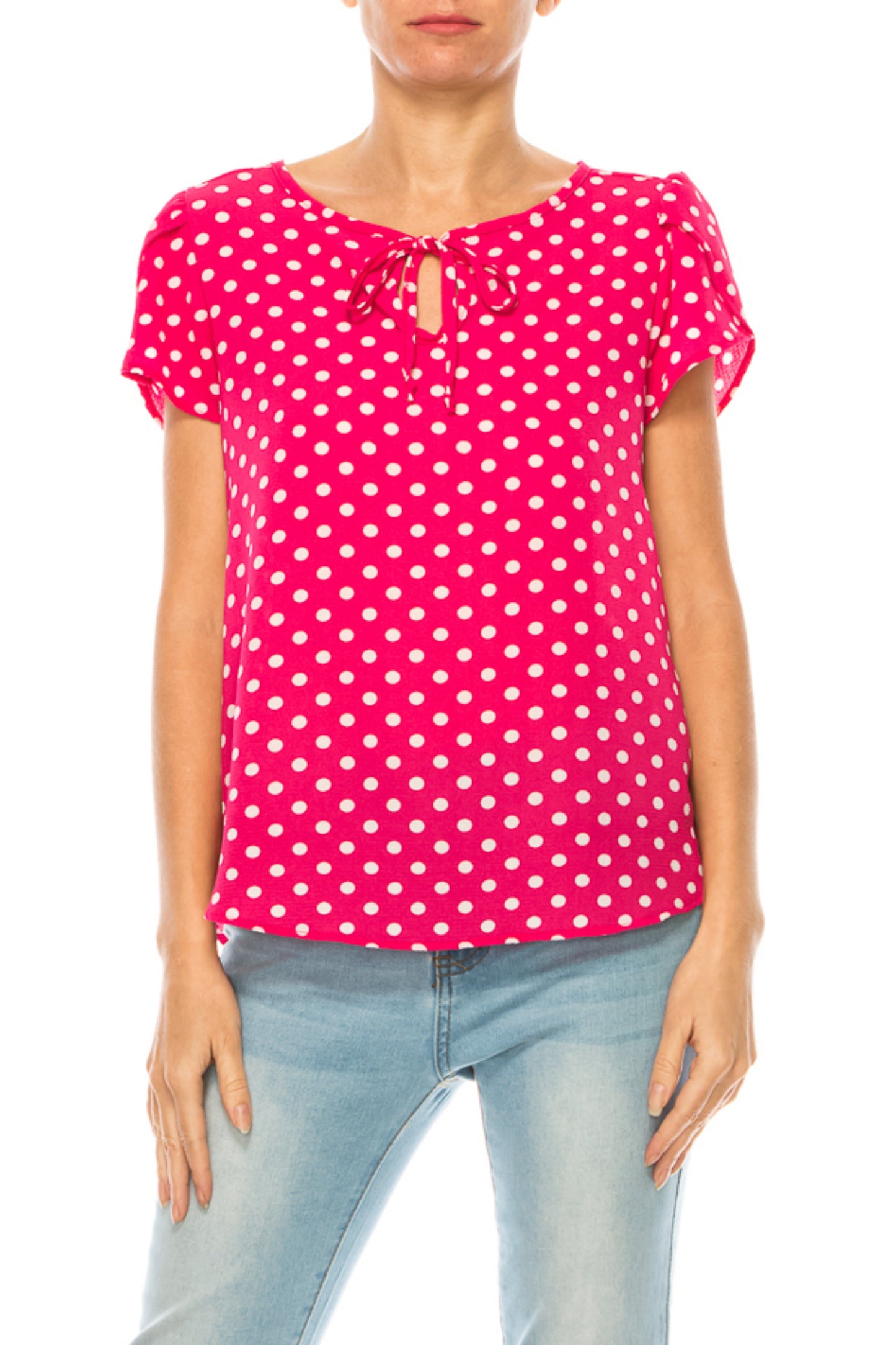 Women's Polka Dot Overlapping Short Sleeve Ribbon Accent Top