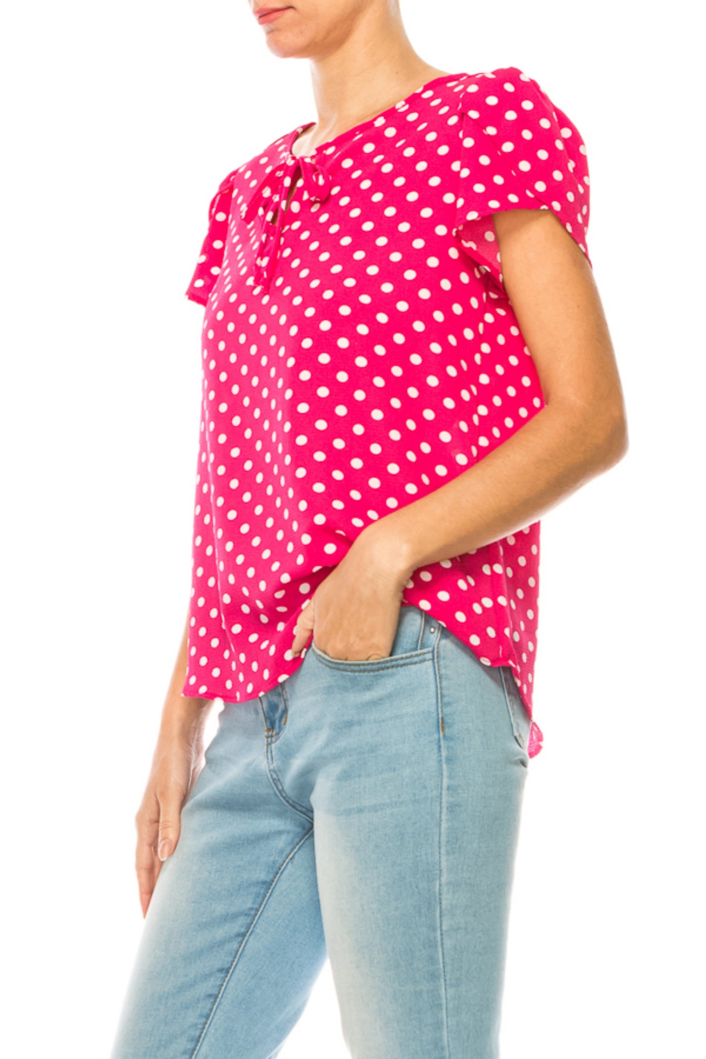 Women's Polka Dot Overlapping Short Sleeve Ribbon Accent Top