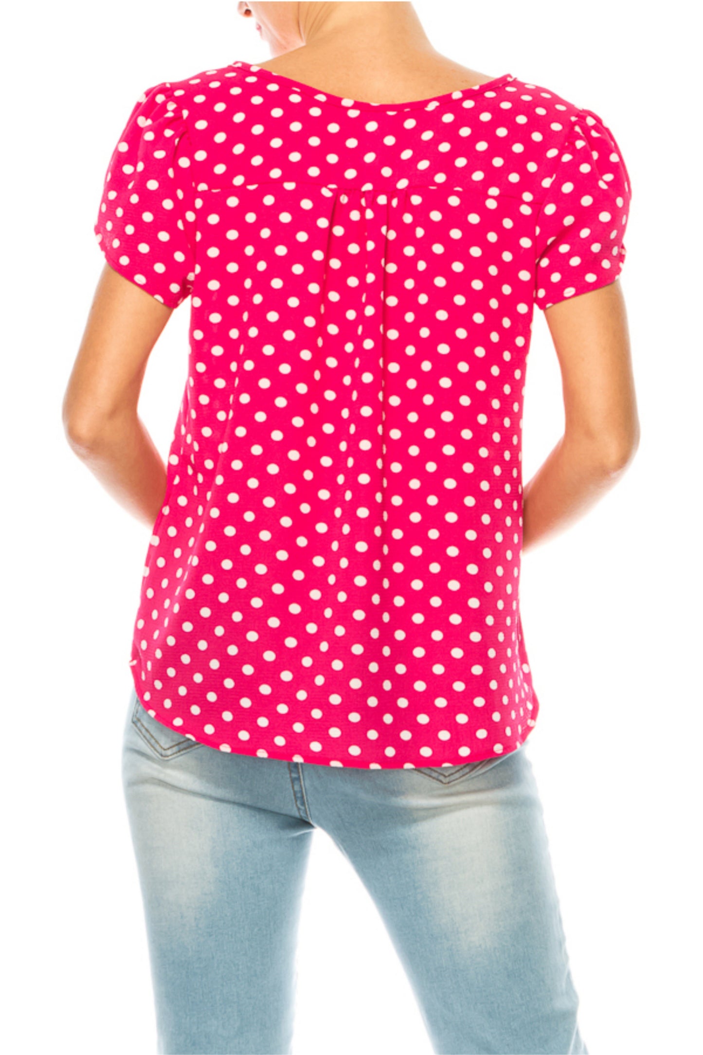 Women's Polka Dot Overlapping Short Sleeve Ribbon Accent Top